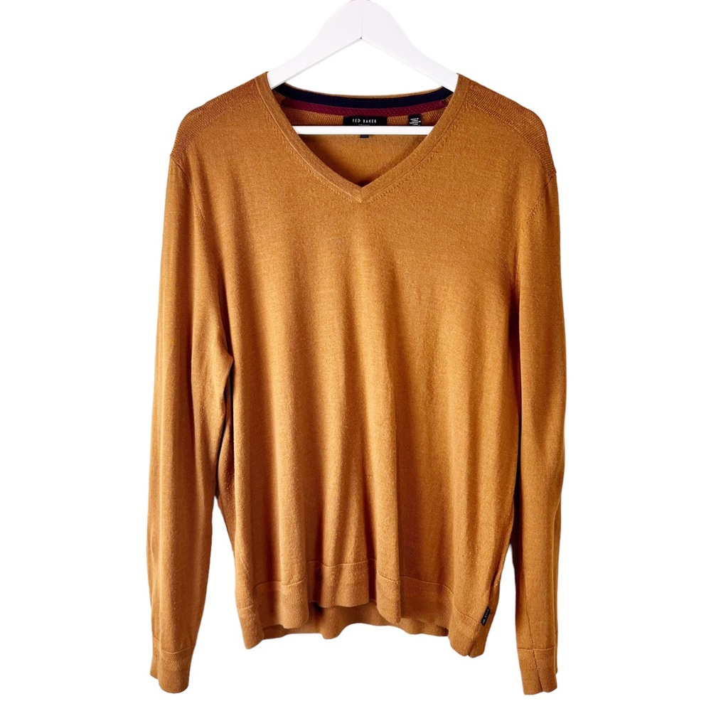 Ted Baker London V Neck Sweater 100% Merino Wool Men's‎ Size 7 Brown Gold